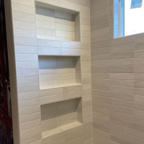 3 Shelf Shower Niche, Triple Shower Niche, Tiled Shower Niche Ideas, Tile Tub Surround With Niche, Stacked Shower Niche, Horizontal Shower Niche, Large Shower Niche, Shower Shelf Ideas, Shower Niche Placement