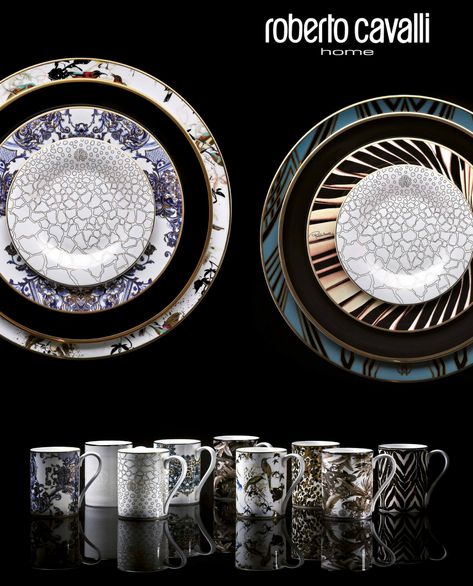 Introducing the new 2018/19 luxury tableware collection from Roberto Cavalli Home! Now available at Imperial Interiors, straight from the Salone Mobile de Milano 2018. For a limited time, get free shipping throughout the USA on all of our products.  The mix-and-match of prints, finishes, and colors is back in the new Roberto Cavalli Luxury Tableware 2018/19 collection, with jungle animals appearing on dessert plates, cups, vases and trays. Kitchen Plates Set, Kitchen Plates, Glass Tableware, Tea Cup Collection, Table Decorating, Gold Dinnerware, Kitchen Plate, Luxury Tableware, Boutique Decor