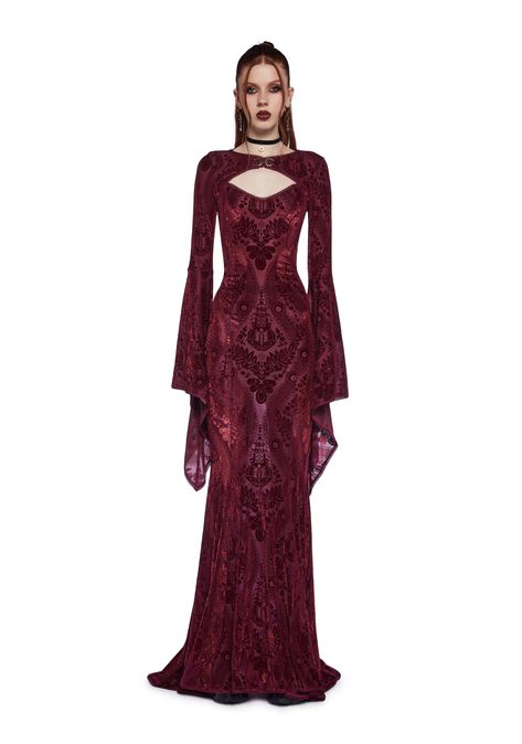 Widow Goth Velvet Flocked Maxi Dress And Shrug Set - Dark Red Labyrinth Ball, Vampire Style, Dolls Kill Outfits, Vampire Dress, Jump Suits, Theatrical Romantic, Knit Duster, Altered State, Fancy Clothes