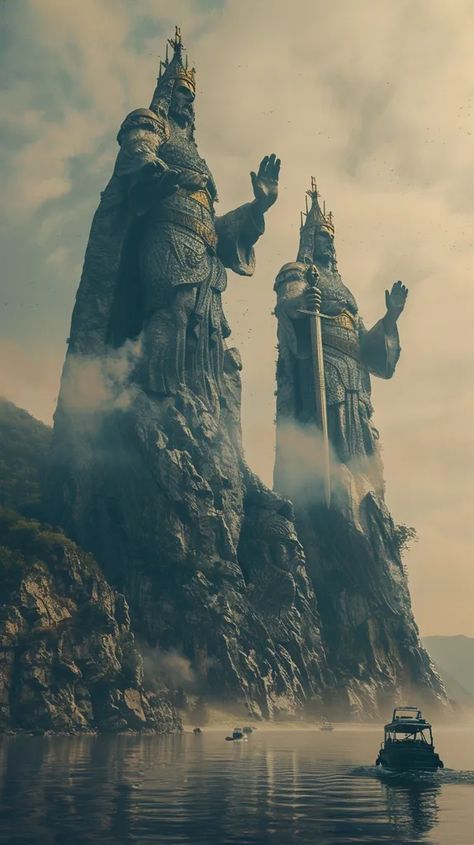 The image is two giant statues carved into a mountain. The statues are both wearing crowns and holding swords ->> more details in ai-img-gen.com Giant Statue, Clown Horror, Journey To The West, Fantasy Fiction, Secret Places, Art Films, Fantasy Landscape, The River, Swords