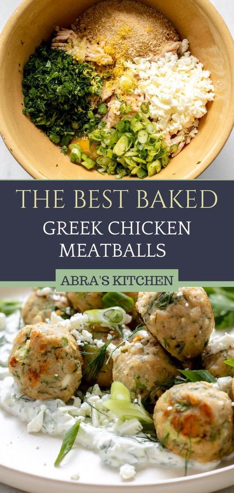 These healthy oven-roasted Greek Chicken Meatballs are bursting with vibrant Mediterranean flavors. Made with ground chicken, feta cheese, fresh herbs, and spices these healthy meatballs are perfect for meal prep or a delicious weeknight dinner. Chicken Zucchini Feta Meatballs, Greek Chicken Meatloaf, Mediterranean Chicken Meatball Recipes, Healthy Dinner With Ground Chicken, Turkey Meatball Dinner Ideas Healthy, Chicken Zucchini Meatballs With Feta, Ground Turkey Greek Meatballs, Greek Meatball Meal Prep, Easy Healthy Meatballs