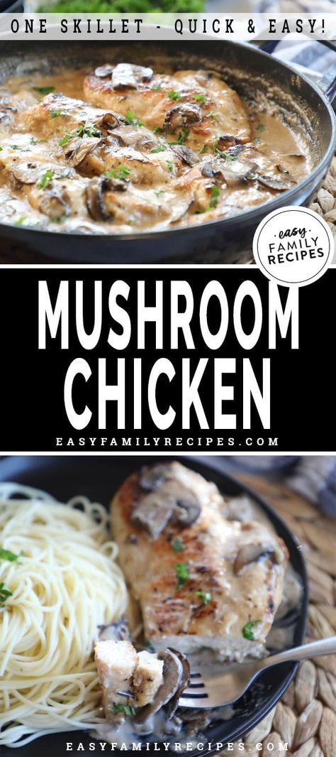 CAN'T GET ENOUGH! This Creamy Mushroom Chicken Skillet is our new go to dinner recipe. It can be made in as little as 20 minutes with just one skillet! Tender chicken breast is seared and then finished in a cream sauce made with sautéed mushrooms and parmesan cheese. Easy dinners don't get any better than this! It is creamy, comforting and super filling. Best easy chicken breast recipe! Chicken Mushroom Cream Sauce, Easy Chicken Breast Recipe, Chicken With Mushroom, Mushroom Cream Sauce, Easy Bbq Chicken, Creamy Mushroom Chicken, Mushroom Cream Sauces, Sautéed Mushrooms, Chicken Skillet