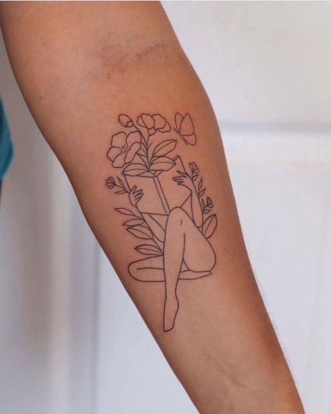 Book Inspired Tattoos, Reading Tattoo, Thigh Piece Tattoos, Bookish Tattoos, Silhouette Tattoos, Line Work Tattoo, Discreet Tattoos, Book Tattoo, Dainty Tattoos