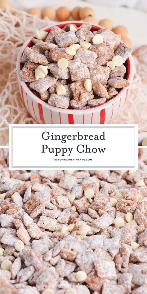 In this Gingerbread Puppy Chow, sweet, spiced chocolate coats crispy Cinnamon Chex for a snack you'll want to keep around all year! Different Flavor Puppy Chow, Cinnamon Puppy Chow, Cute Holiday Snacks, Puppy Chow Thanksgiving, Puppy Chow Popcorn, Gingerbread Puppy Chow, Holiday Party Mix Recipes, Captain Crunch Puppy Chow, Gingerbread Chex Mix Recipes