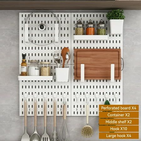 Shelf Shelves Punch-Free Storage Shelf Peg Boards Hole Plate Peg Board Feature: 1. 100% new plastic, safe and hygienic 2. Nordic simple style, good appearance, easy to disassemble, free combination of accessories 3. Storage on the wall saves space, drains and ventilates water, prevents water accumulation and reduces bacterial growth. 4. The snap-on buckle can be installed with bare hands and weighs 15 kg. Product Description: Detail: Thickened structure, stronger weighing, rounded corners, safe Skadis Kitchen, Pegboard Kitchen Organization, Peg Board Kitchen, Kitchen Pegboard, Pegboard Kitchen, Crafts Organization, Pegboard Wall, Hanging Wall Organizer, Ny Apartment