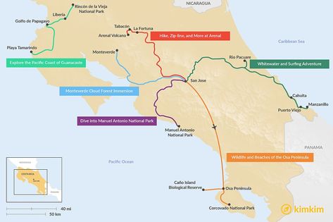 Map of 5 Days in Costa Rica - 6 Unique Itineraries Costa Rica Pacific Coast, Costa Rica Trip, Costa Rica Itinerary, Pacific Coast Road Trip, Guanacaste Costa Rica, Itinerary Ideas, Eco Lodges, Travel 2024, Visit Costa Rica