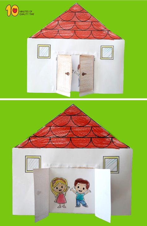 Paper House with Opening Doors Paper House Diy, Door Crafts, Paper Doll House, Paper House, Easy Arts And Crafts, Opening Doors, Paper Roll Crafts, Kindergarten Art, Art N Craft