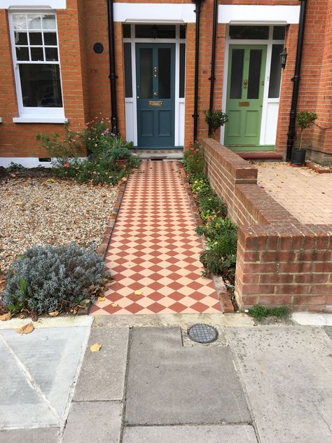 Tiled Front Garden Paths, Front Path Tiles, Front Garden Paths Entrance, Tiled Pathway Front Doors, Front Door Tile Entryway Exterior, Front Pathway Ideas, Victorian Driveway, Terraced House Front Garden, Front Pathway