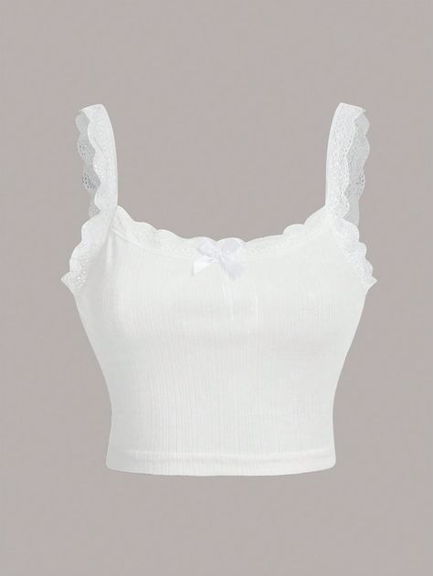 White Casual Collar  Knitted Fabric Plain Wide Strap Embellished High Stretch  Women Clothing White Lace Tops, Crop Top Blanco, Killstar Clothing, Pink Wardrobe, Outfit Planner, White Cami, White Lace Top, Cropped Cami, Cami Crop Top