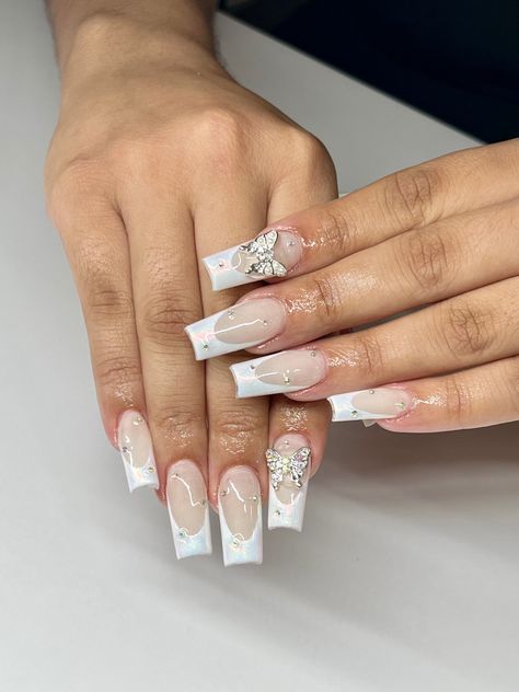 Nails With Rhinestones And Charms, Nail Designs Rhinestone, Nails With Butterfly Charms, Nail Inspo Butterfly, Chrome Nail Designs, Bday Nails, Glitter French Manicure, 2023 Nails, Chrome Nails Designs