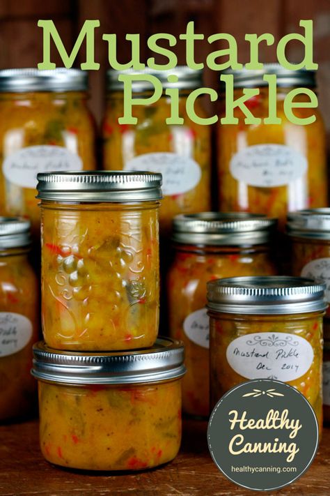 Mustard Pickle - Healthy Canning Mustard Pickles Recipe, Can Pickles, Mustard Pickle Recipe, Healthy Canning, Canned Pickles, Mustard Powder, Pickles Recipe, Canning Pickles, Pickling Salt