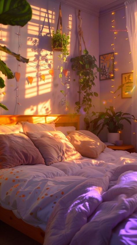 Ethereal Aesthetic Room Decor, Dark Colorful Bedroom, Ethereal Room Decor, Woman’s Bedroom Ideas, Bohemian Aesthetic Bedroom, Purple Green Room, Room Inspo Purple, Bedroom Design Purple, Purple And Orange Bedroom