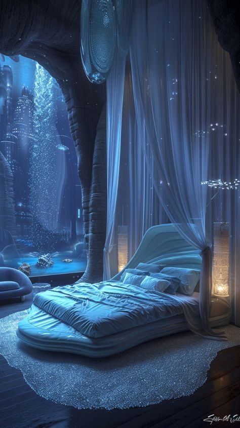 Fantasy Ocean Bedroom, Water Bedroom Aesthetic, Atlantis Bedroom, Blue Fantasy Bedroom, Mermaid Bedroom Aesthetic, Avatar Themed Room, Dream Bedroom Aesthetic, Alison Core, Water Bedroom