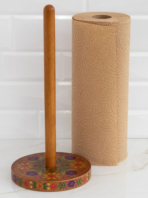 Wooden Paper Towel Holder - Folk Flower-view 1 Paper Towel Alternative, Funky Kitchen Accessories, Useful Housewarming Gift, Eco Friendly Kitchen Products, Natural Life Home Decor, Cute Kitchen Towels, Fun Paper Towel Holder, Wooden Home Accessories, Paper Towel Holder Ideas