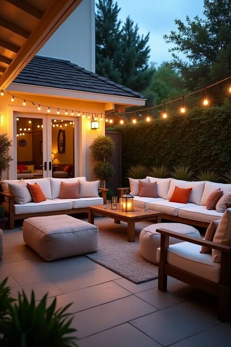 Cozy outdoor patio with string lights, cushioned seating, and a glowing lantern on the table. Landscaping Features, Urban Patio, Patio Paradise, Garden Scapes, Backyard Decorating Ideas, Outdoor Living Space Ideas, Back Patio Ideas, Spacious Backyard, Dreamy Garden