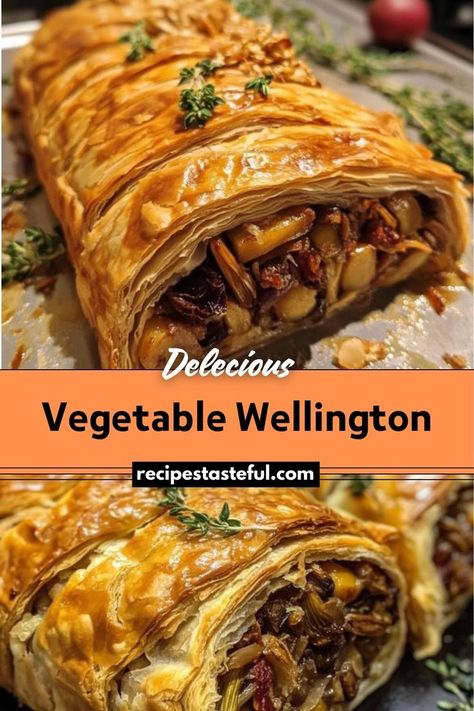 Vegetable Wellington is a stunning and flavorful dish perfect for special occasions or holiday meals. This recipe features a savory mixture of mushrooms, zucchini, carrots, and spinach wrapped in golden, flaky puff pastry. It’s an elegant vegetarian option that combines rich, earthy flavors with a crisp pastry exterior. Vegetarian Mushroom Wellington Recipe, Veggie Wellington Recipe, Mushroom Wellington Recipe, Vegetable Wellington Recipe, Vegetarian Mushroom Wellington, Vegetable Pastry Recipes, Veggie Roast Dinner, Christmas Meal Ideas Vegetarian, Vegetarian Wellington Recipe