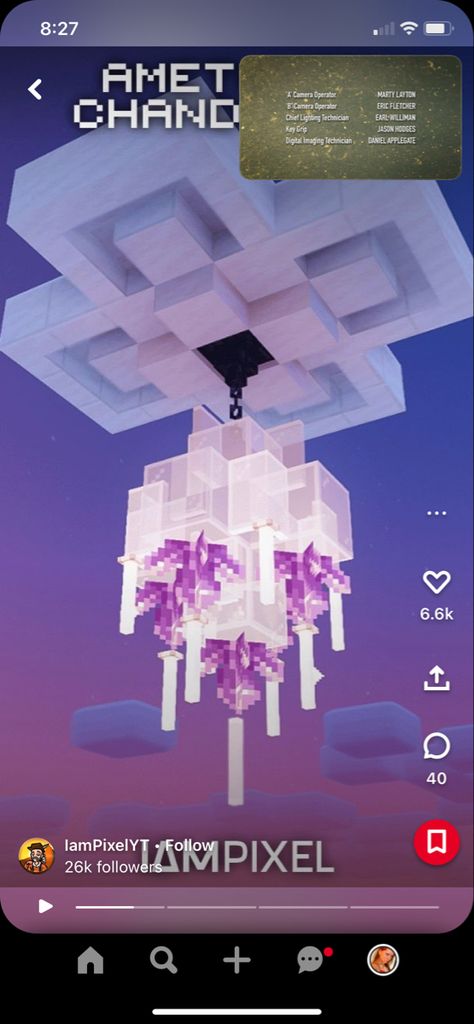 Minecraft Modern Chandelier, Minecraft Houses Quartz, Minecraft Quartz Floor Designs, Chandelier Ideas Minecraft, Minecraft Crystal Design, Quartz Builds Minecraft, End Rod Chandelier Minecraft, Mincraft Chandeliers Ideas, Minecraft Chandelier Ideas Big