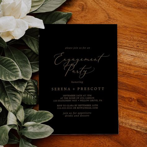 Delicate Gold Calligraphy | Black Engagement Party Invitation Black Engagement Invitations, Black And Gold Engagement Party, Classy Engagement Party, Black Engagement Party, Engagement Dinner Party, Yellow Typography, Engagement Event, Gold Engagement Party, Romantic Minimalist