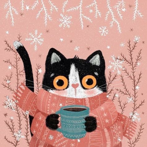 Winter Cat, Cat Art Illustration, Winter Illustration, Cats Illustration, Christmas Illustration, Cat Portraits, Cat Illustration, Cat Drawing, Whimsical Art