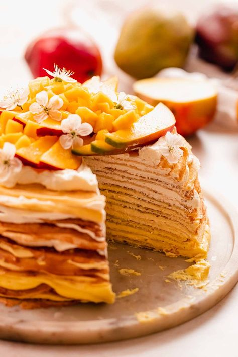 Mango Crepe Cake with Easy Homemade Crepes - Flouring Kitchen Mango Crepe, Mascarpone Filling, Homemade Crepes, Birthday Sweets, Custard Pudding, Types Of Desserts, Crepe Cake, Mango Flavor, Trifle