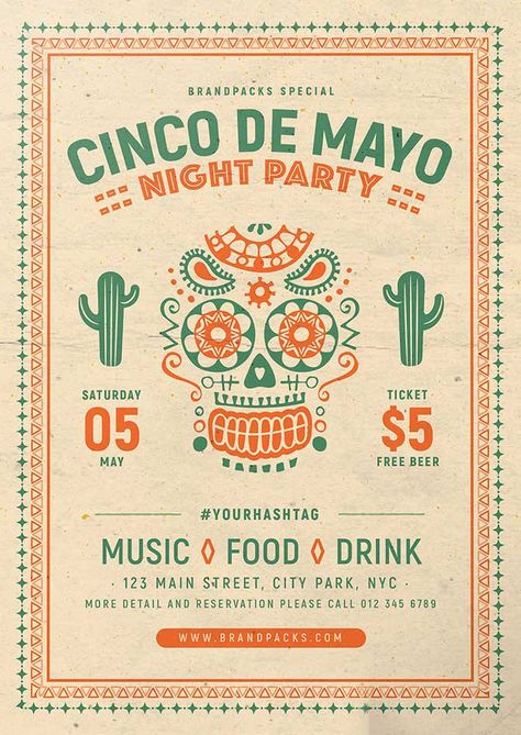 Mexican Party Ideas, Mexican Graphic Design, Event Flyer Design, Event Brochure, Cinco De Mayo Celebration, Mexican Night, Club Events, Free Psd Flyer Templates, Mexico Design