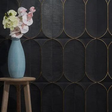 Black Backsplash, Backsplash Wall, Secret Room, Brass Inlay, Limestone Tile, Honed Marble, Black Tiles, Marble Inlay, Tile Inspiration