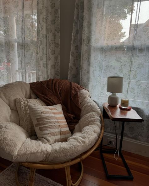 best reading spot in the house!! #homedecor #worldmarket #papasan #lelabo #targetfinds #targetlove Papasan Chair Corner Ideas, How To Style A Papasan Chair, Chair In Room Aesthetic, Big Chair In Bedroom, Papasan Reading Nook, Diy Papasan Cushion, Cozy Room Chair, Comfy Bedroom Chairs Cozy Corner, Comfy Chairs For Bedroom Cozy Corner