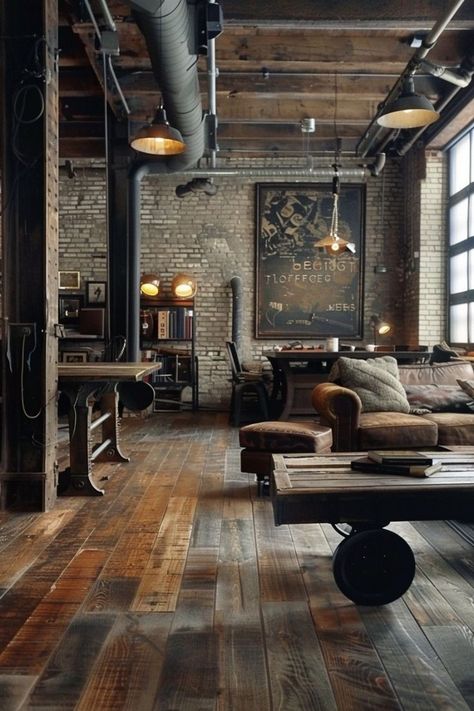 Vintage Industrial Interior, Decor Ideas For Apartments, Loft Style Living, Brick Room, Industrial Living Room, Industrial Loft Design, Ideas For Apartments, Vintage Decor Ideas, Warehouse Living