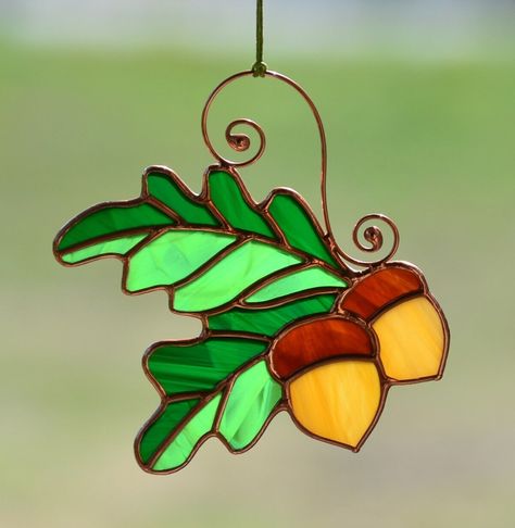 Stained Glass Acorn Fall Leaves Windows Hangings Housewarming Decor Pumpkin Stained Glass Art, Candy Cane Stained Glass Pattern, Easy Stained Glass Suncatchers, Stained Glass Thanksgiving, Stained Glass Sunflower Pattern, Fox Stained Glass Patterns, Stained Glass Fall Patterns, Stain Glass Ornament, Fall Stained Glass Patterns