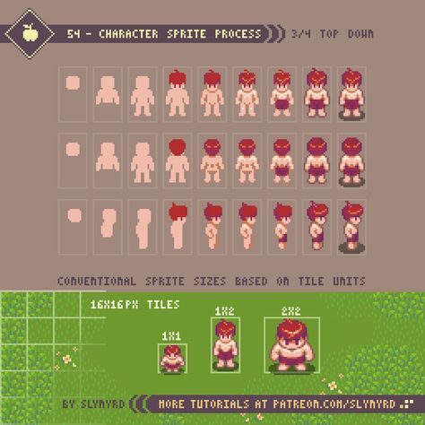 Tutorial - 54 - Character Sprite Process | Slynyrd on Patreon Character Pixel Art, How To Pixel Art, Top Down Game, Idle Game, Pixel Characters, Pixel Animation, Pixel Art Tutorial, Arte 8 Bits, 8bit Art