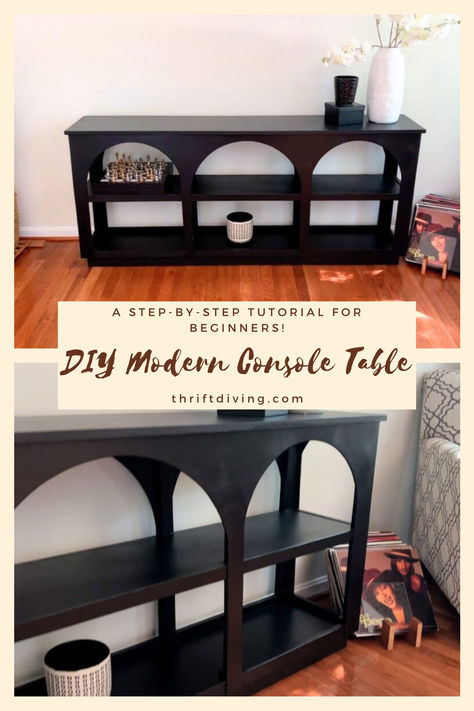 In this blog post, I’m going to share with you step-by-step how we build this DIY modern console table from wood, with just a few tools. While we did use a table saw from some of the steps, this woodworking project can easily be completed with just the use a jigsaw, brad nailer, and wood glue. Oh, and don’t forget the black furniture paint! Black Furniture Paint, Diy Entry Table, Modern Console Table, Brad Nailer, Modern Console Tables, Diy Pins, Modern Console, Furniture Paint, Black Furniture