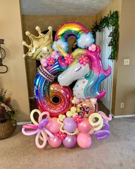 Balloon Baby Shower Centerpieces, Balloon Arrangement, Princess Balloons, Rainbow Unicorn Party, Happy Birthday Princess, Foil Number Balloons, Celebration Balloons, Unicorn Balloon, Rainbow Unicorn Birthday