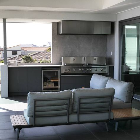 Custom Qasair BBQ Rangehood in this stunning outdoor kitchen. . . . . . . #qasair #alfrescodining #quietrangehood #rangehoods #rangehood… Rendered Bbq Area, Outdoor Range Hood, Outdoor Bbq Area, Outdoor Range, Small Sink, Bbq Area, Outdoor Bbq, Lounge Seating, Range Hood