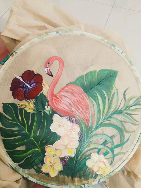 Flamingo Painting On Fabric, Fabric Painting On Bedsheet, Fabric Painting On Saree, Unique Fabric Painting Ideas, Tropical Flowers Painting, Painting Flamingo, Suit Painting, Doodle Art Posters, Painting On Fabric