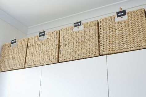 Baskets Above Kitchen Cabinets, Above Cabinet Storage, Storage Above Kitchen Cabinets, Top Of Kitchen Cabinets, Kitchen Cupboard Storage, Above Cabinets, Above Kitchen Cabinets, Kitchen Basket Storage, Refacing Kitchen Cabinets