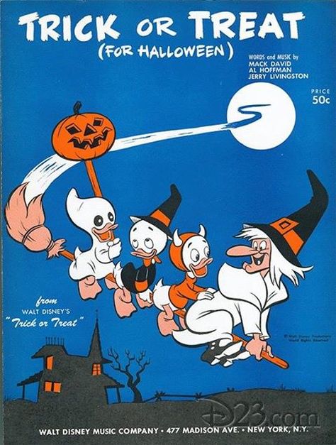 Disney "Trick or Treat (For Halloween)" sheet music Vintage Halloween Cartoon, Halloween Cartoon Movies, Halloween Magazine, Vintage Disney Posters, Halloween Cartoon, Halloween Words, Disney Posters, Disney Music, Halloween Illustration