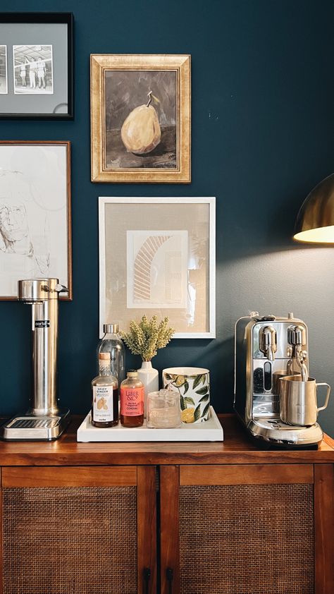 Coffee Nook In Living Room, Dining Room Coffee Station, Dining Room Coffee Bar Ideas, Coffee Station In Dining Room, Coffee Station Living Room, Grey Blue Accent Wall, Coffee Station Ideas Office, Coffee Machine Corner, Sideboard Coffee Station