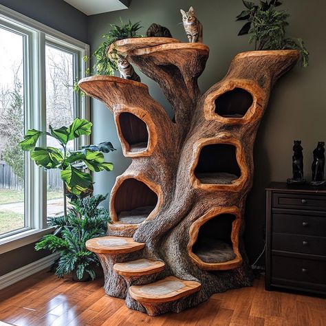 This cat treehouse tower is creatively shaped like a tree, offering your feline a naturalistic playground to climb, explore, and relax. With its sturdy, sisal-wrapped “trunk” and plush, leaf-shaped perches at various heights, this tower mimics the feel of a real tree. Cozy hideaways nestled among the “branches” provide perfect spots for napping, while dangling toys add an element of interactive play. Designed to blend seamlessly into your home décor, this tree-shaped cat tower combines durabi... Cat Tree That Looks Like A Tree, Cat Tree House Outdoor, Branch Cat Tree, Cat Tower Diy, Luxury Cat Tree, Diy Cat Tower, Unique Cat Trees, Wooden Cat Tree, Large Cat Tree