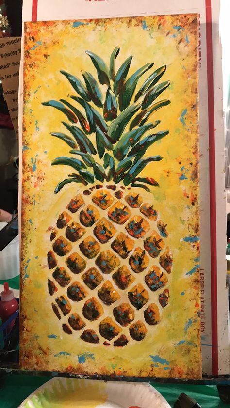 Pineapple, acrylic painting on 10x22 inch canvas done in Elene's Sip & Chat Paint Party by Vicky Lada. Sold Pineapple Painting Acrylics, Pinapple Art, Pineapple Painting, Small Canvas Art, Pineapple Print, Ocean Views, Small Canvas, Paint Party, Canvas Art Painting