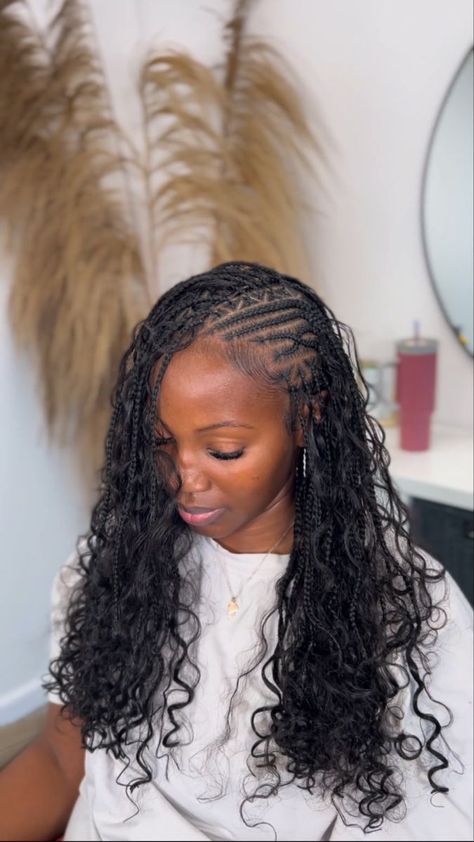 Fulani Braids With Braid In The Middle, Cornrows Boho Braids For Black Women, Godets Braids, Freestyle Boho Fulani Braids, Ombre Fulani Braids Black Women, Boho Fulani Flip Over Braids, Flip Over Fulani Braids + Boho Curls, Goddess Cornrows Braids For Black Women, Flipover Knotless Braids