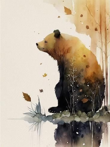 size: 12x9in Art Print: Brown Bear by Lana Kristiansen : Whimsical Bear Illustration, Watercolor Bear Tutorial, Whimsical Animals Art, Whimsical Bear Art, Abstract Bear Art, Fantasy Bear Art, Brown Bear Drawing, Bear Acrylic Painting, Bear Illustration Art