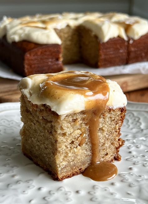 Salted Caramel Brown Butter Banana Snack Cake — Well Made by Kiley Banana Snack Cake, Cinnamon Cream Cheese, Banana Dessert, Salted Caramel Sauce, Cinnamon Cream Cheese Frosting, Caramel Brown, Snack Cake, Banana Cake, Recipe Details