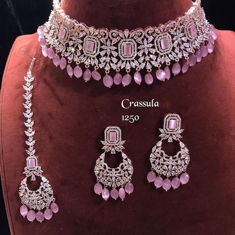 Lehanga Jewelry Simple, Ad Jewellery Set Bridal, Ad Set Jewellery, Pink Jewelry Set, Bridal Jewelry Sets Brides, Indian Wedding Jewelry Sets, Diamond Jewelry Set, Indian Bridal Jewelry Sets, Fancy Jewelry Necklace