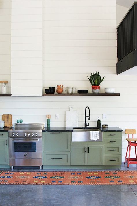 Family Cabin, Green Kitchen Cabinets, Sunset Magazine, Cabin Kitchens, Green Cabinets, Modern Cabin, Open Concept Kitchen, Kitchen Cabinet Design, Green Kitchen