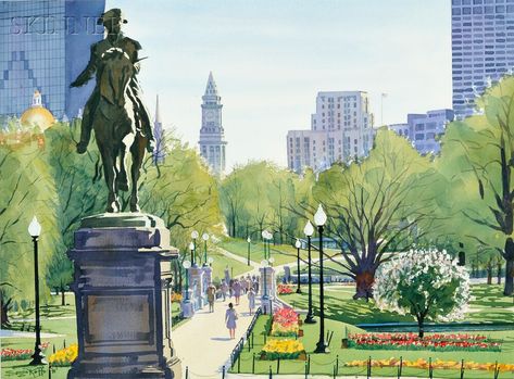 Boston Public Garden in spring by Sergio Roffo.  He usually paints beautiful oil landscapes, so this watercolor was a treat to find. #watercolor #bostonpublicgarden #boston #art #painting Boston Poster Aesthetic, Boston Drawing, Cartography Illustration, Boston Watercolor, Boston Painting, Architecture Journal, Ideas Cuadros, Boston Garden, Boston Art