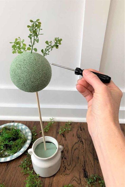 DIY Faux Topiary Trees (Quick & Easy) - thetarnishedjewelblog Antique Milk Jug, Faux Topiary, Trimming Hedges, Moss Centerpieces, Topiary Diy, Porch Styles, Dining Room Centerpiece, Artificial Topiary, Artificial Potted Plants