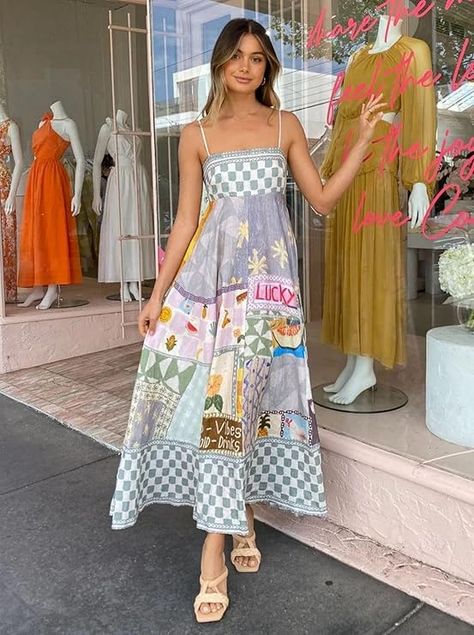 Women Boho Flowy Graffiti Long A-line Sundress Graphic Square Neck Sleeveless Spaghetti Strap Y2K Maxi Cami Dress Long Aline, Flowy Sundress, 1990's Fashion, Bohemian Dress, Cami Dress, Summer Outfits Women, Girls Night, Square Neck, Sundress