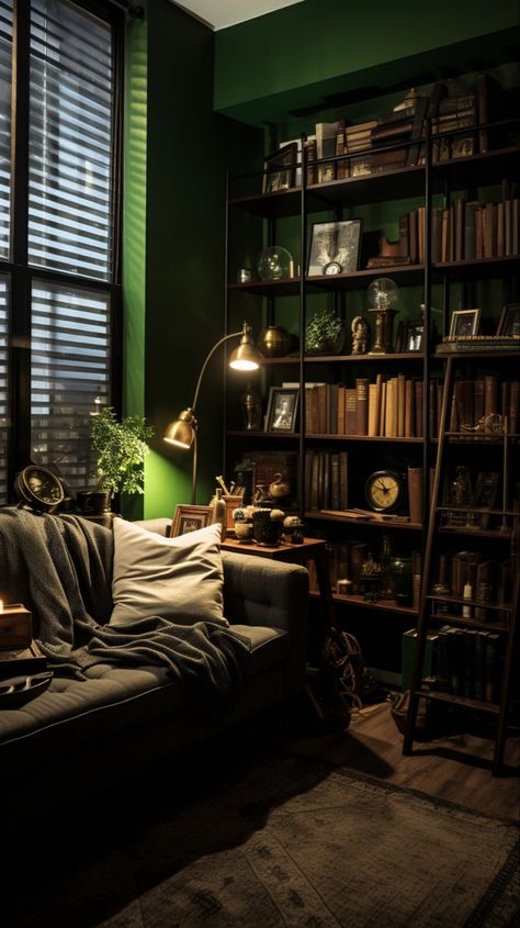 Indulge in the allure of Slytherin-inspired interior design with our focus on dark green hues and low light vibes. Our in-depth guide will provide you with all the information you need to create a sophisticated space that evokes the mysterious ambiance of Slytherin. Dark Green Aesthetic Interior Design, Green Industrial Interior, Forest Green Bookshelf, Green Academia Aesthetic Room, Forest Green Library, Emerald Green House Interior Design, Green Academia Office, Dark Green Bookshelves, Dark Green House Interior