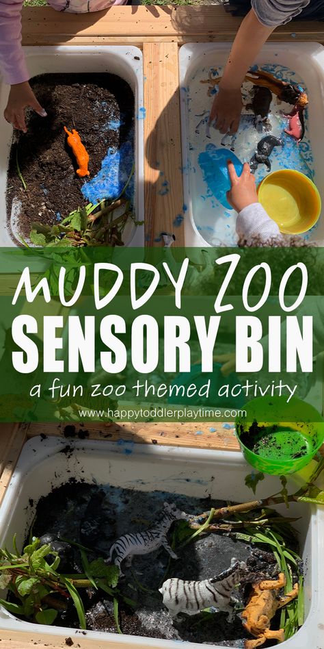 Muddy Zoo Sensory Bin - HAPPY TODDLER PLAYTIME Zoo Sensory Bin, Zoo Sensory, Dear Zoo Activities, Zoo Lessons, Zoo Animal Activities, Jungle Activities, Zoo Animal Crafts, Zoo Activities, Animal Activities For Kids