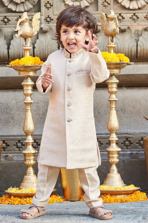 Buy All Boy Couture Beige Mukaish Work Achkan And Pajama Set For Boys Online | Aza Fashions Kids Kurta Pajama, Muga Silk, Mukaish Work, Kids Kurta, Boys Kurta, Dress Design Patterns, Saree Dress, Silk Pajamas, Designer Gowns